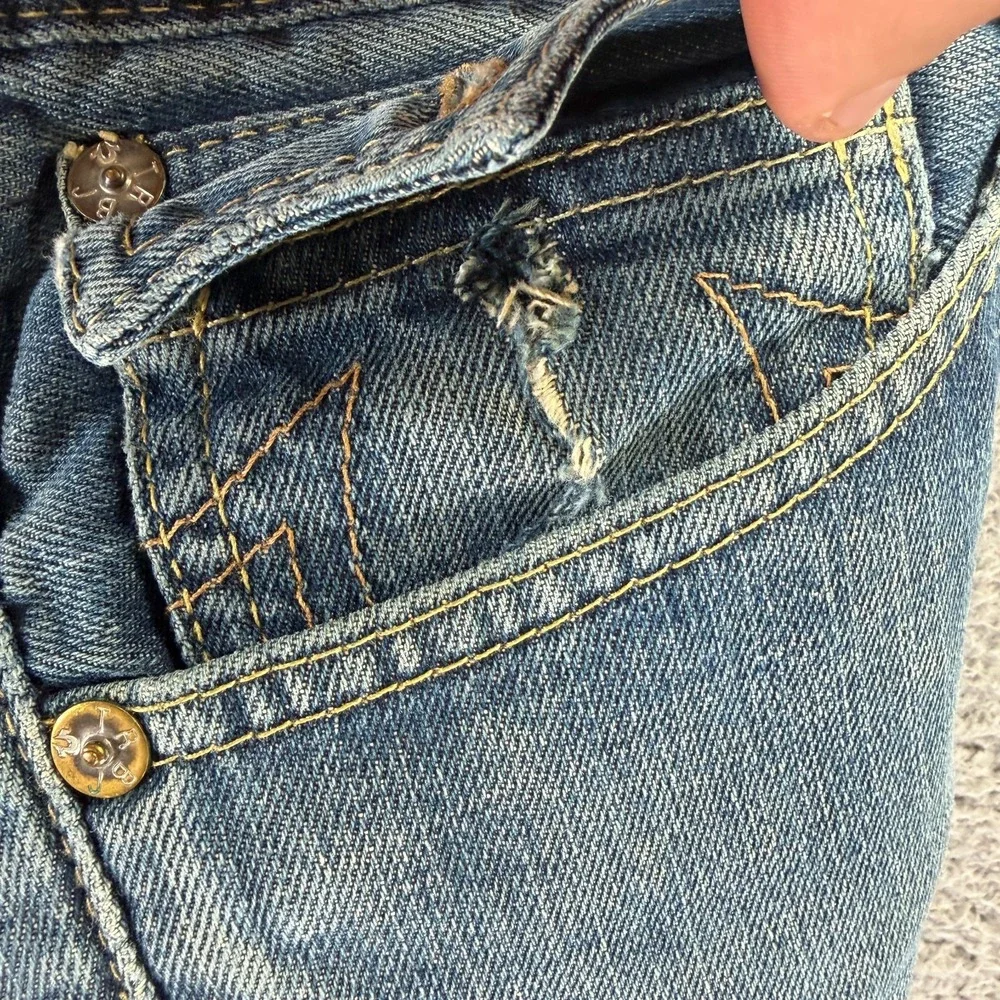Vintage True Religion Billy Jeans Mens 34x34 Blue Cotton Denim Bootcut Faded USA